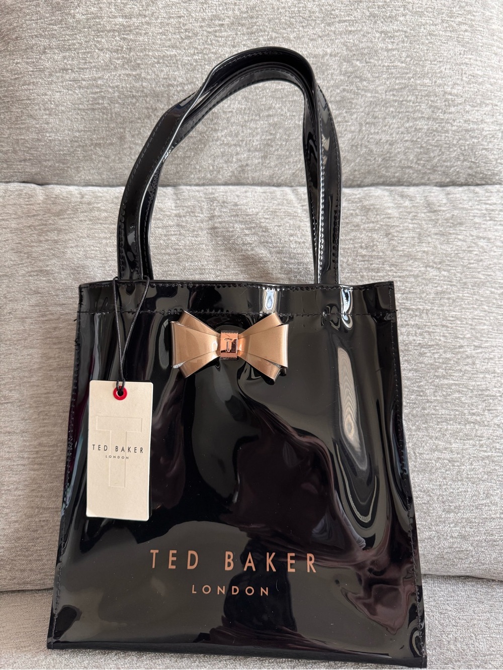 NWT Ted Baker Black Patent Tote with Metallic Rose Bow Accent